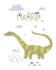 Children's poster with a brachiosaurus. Cute book illustration of a dinosaur.Jurassic reptiles.Roar lettering.