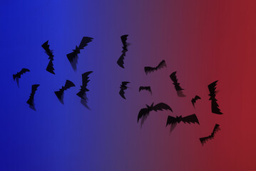 Flying paper cut bats on white background. Halloween background. Top view. Flat lay