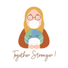 Women Hijab Wear Mask and hug globe world planet earth wear mask illustration covid 19 vector