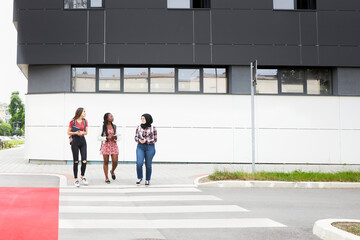 Group of school friends crossing the street in the university campus