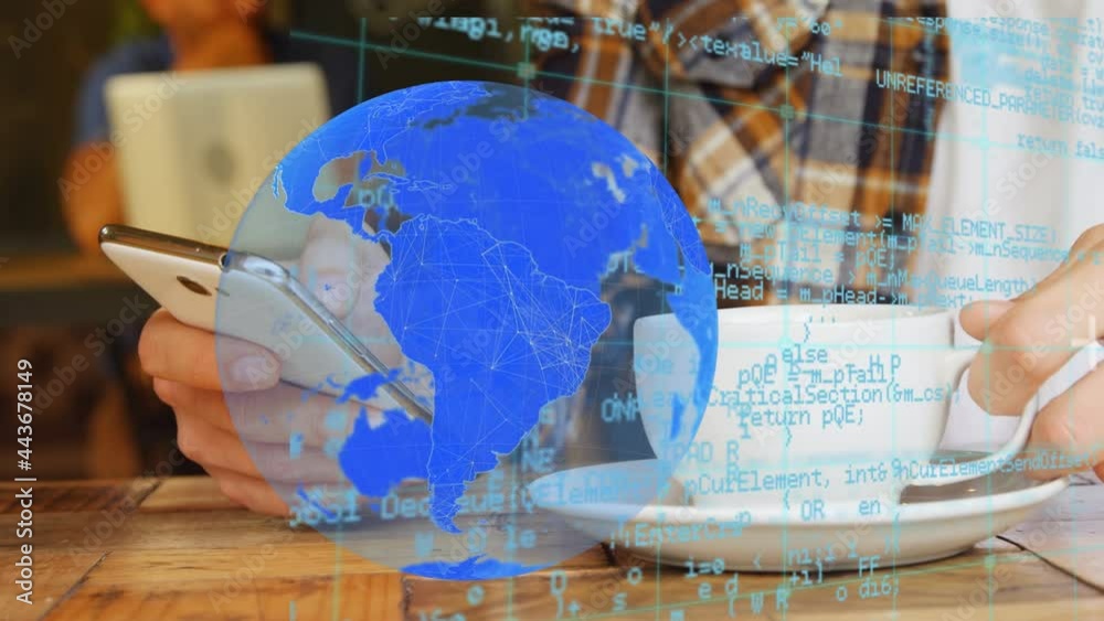 Poster animation of globe and data processing over man using smartphone