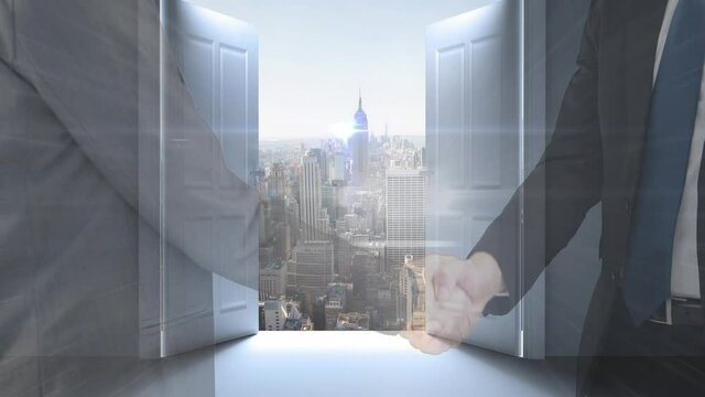 Animation of business people shaking hands over cityscape