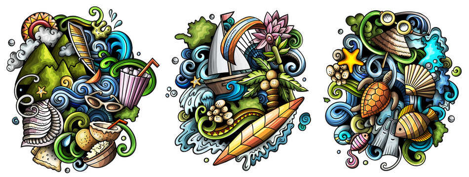 Mauritus cartoon vector doodle designs set.