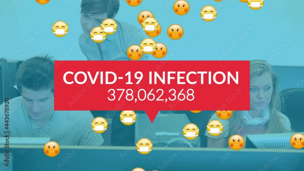 Poster animation of covid 19 data processing over multiple emojis with face masks, people using computers