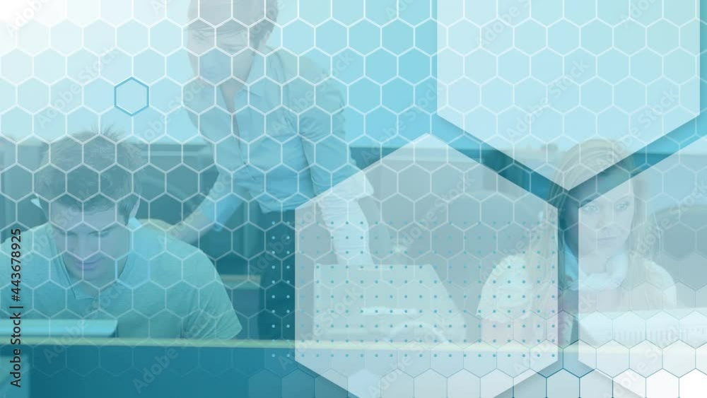 Poster animation of network of hexagons over students using computers