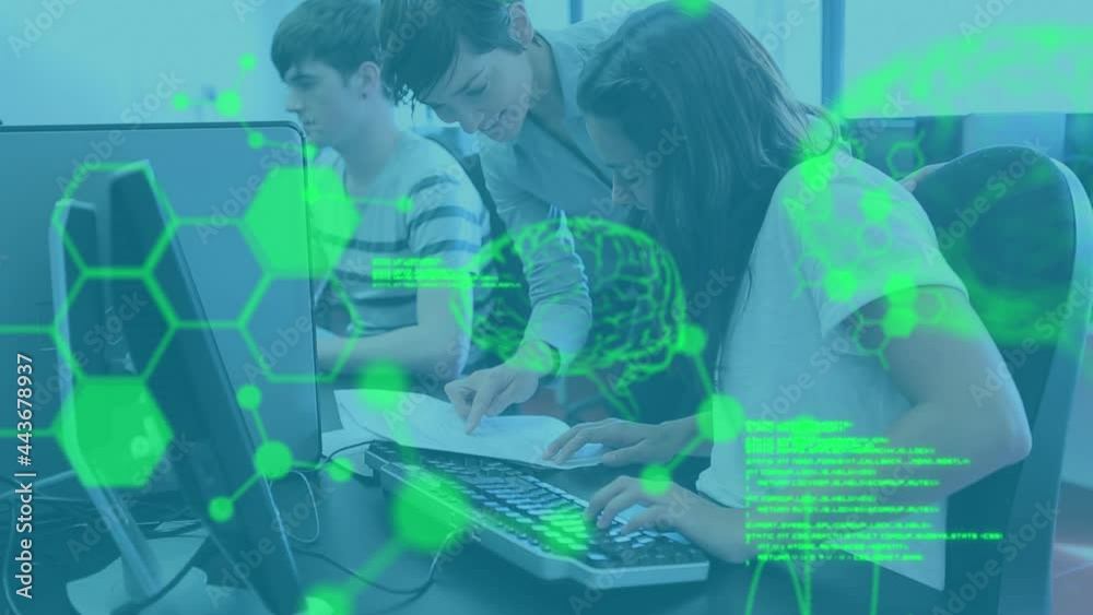 Poster animation of scientific data processing over students using computers