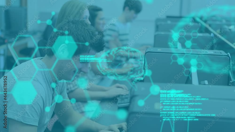 Poster animation of scientific data processing over students using computers