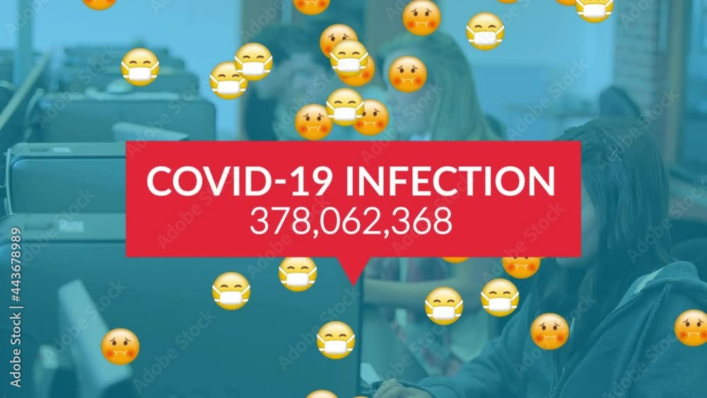 Poster animation of covid 19 data processing over multiple emojis with face masks, people using computers