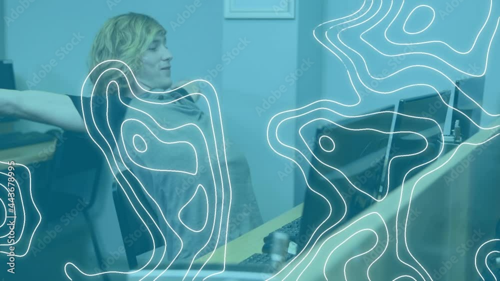 Poster animation of white lines over male student using computer
