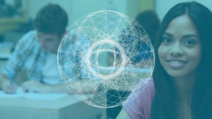 Animation of scopes spinning over smiling female student