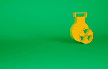 Orange Laboratory chemical beaker with toxic liquid icon isolated on green background. Biohazard symbol. Dangerous symbol with radiation icon. Minimalism concept. 3d illustration 3D render