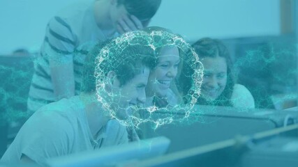 Animation of human brain and dna strand over students using computer - Powered by Adobe