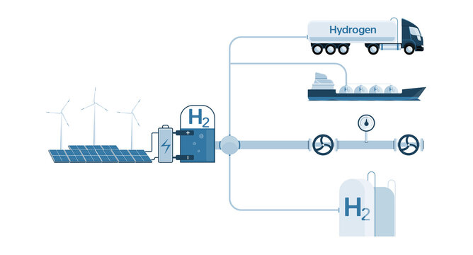 Hydrogen production from renewable energy sources and transportation by trucks, ships, pipelines and storage in tanks. Vector illustration