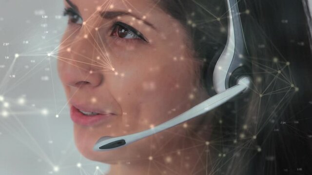 Animation of data processing over businesswoman using phone headsets