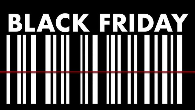 Black Friday Barcode Animation. Letters falling into frame from top revealing a barcode. red laser scannning the barcode