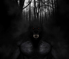 Illustration of a Werewolf with a double exposure effect revealing a dark forest