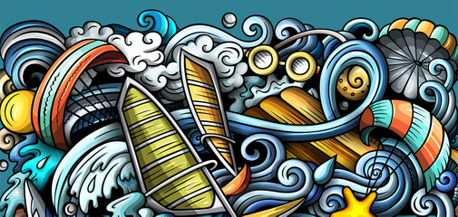Water sports hand drawn doodle banner. Cartoon vector detailed flyer.