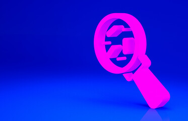 Pink Microorganisms under magnifier icon isolated on blue background. Bacteria and germs, cell cancer, microbe, virus, fungi. Minimalism concept. 3d illustration 3D render