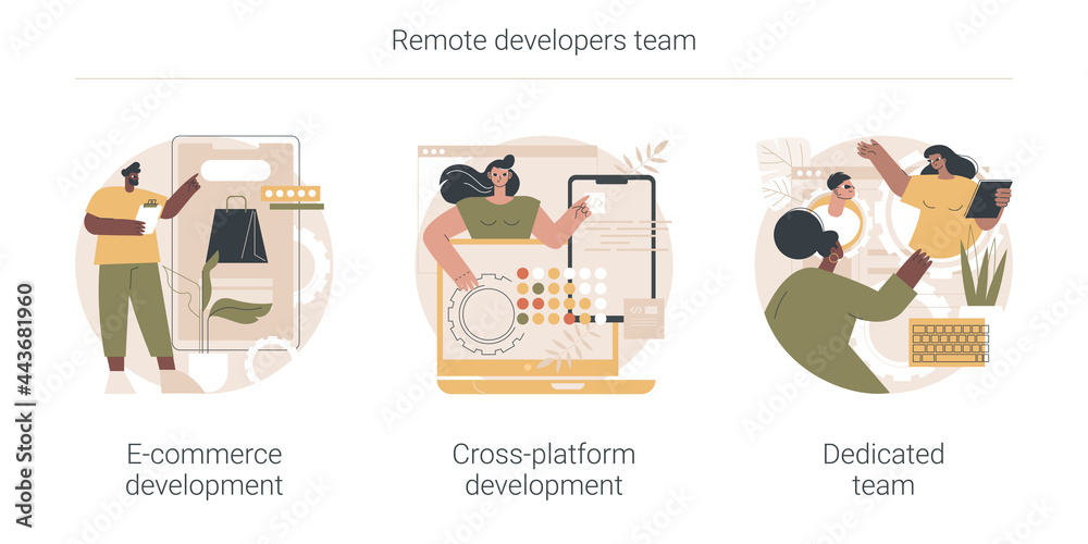 Poster remote developers team abstract concept vector illustration set. e-commerce development, cross-platf
