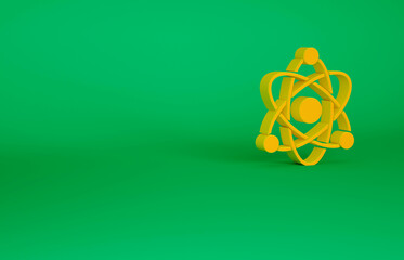 Orange Atom icon isolated on green background. Symbol of science, education, nuclear physics, scientific research. Minimalism concept. 3d illustration 3D render