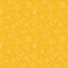 White outline mushrooms seamless pattern on mustard yellow background. Hand drawing food vector illustration.