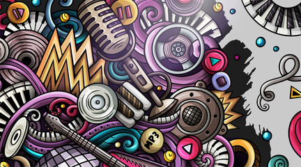Disco Music hand drawn doodle banner. Cartoon vector detailed flyer.