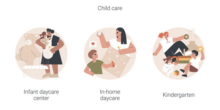 Child care abstract concept vector illustration set. Infant daycare center, in-home daycare, kindergarten,early kid development, nursery home, early education, preschool program abstract metaphor.