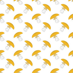 Yellow and white mushrooms seamless pattern isolated on white background. Hand drawing food vector illustration.