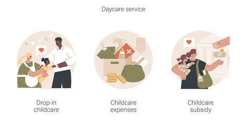 Daycare service abstract concept vector illustration set. Drop-in childcare, childcare expenses, childcare subsidy, family budget, nursery school, part-time kindergarten, tax credit abstract metaphor.