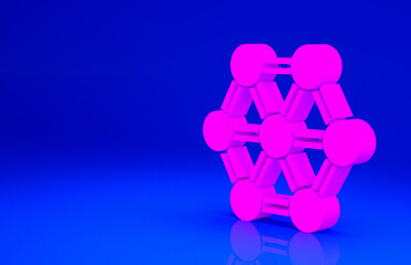 Pink Molecule icon isolated on blue background. Structure of molecules in chemistry, science teachers innovative educational poster. Minimalism concept. 3d illustration 3D render
