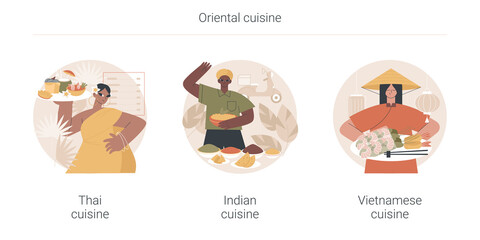 Oriental cuisine abstract concept vector illustration set. Thai, Indian and Vietnamese cuisine, spicy taste, asian recipe, homemade curry, vegetarian menu, spring roll, noodle abstract metaphor.