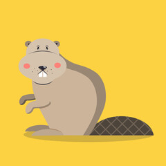 Cute beaver in flat style on yellow background. vector illustration.