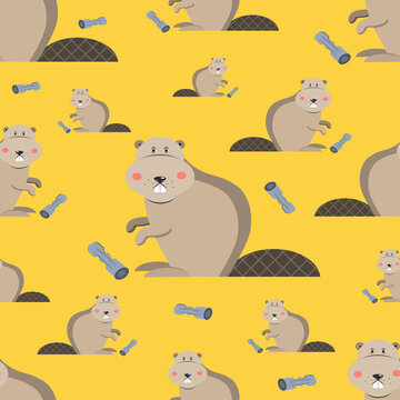Cute beaver in flat style on yellow background. vector illustration.