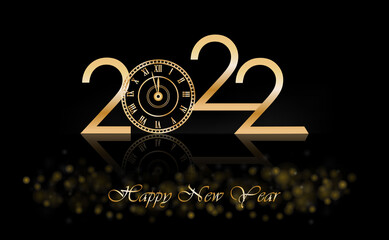 Happy New Year 2022 with Luxury Clock New Year Shining background with gold clock.