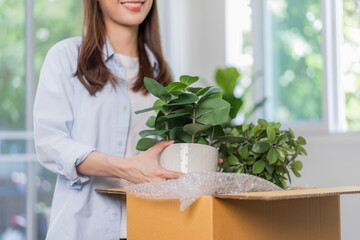 Happy asian young woman, customer received, unpack package carton open parcel in cardboard box, holding ceramic plant pot. Moving, preparing in new house, relocation. Online shop delivery at home.