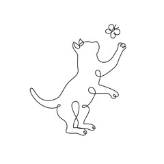 Cat plays with butterfly continuous line drawing