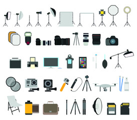kit of icons related to photography and photographic equipment, on white background