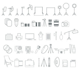 kit of icons related to photography and photographic equipment, on white background