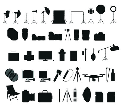 kit of icons related to photography and photographic equipment, on white background