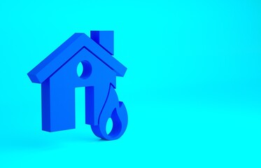Blue Fire in burning house icon isolated on blue background. Minimalism concept. 3d illustration 3D render