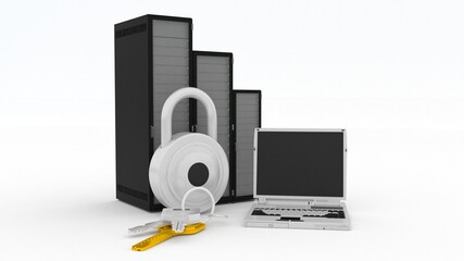 3d illustration computer network concept with cloud database and lock