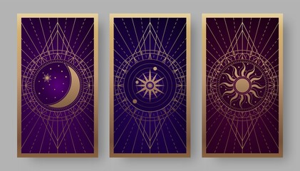 Tarot cards back set with golden crescent, sun, and star symbols - 443684909