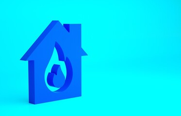 Naklejka premium Blue Fire in burning house icon isolated on blue background. Minimalism concept. 3d illustration 3D render