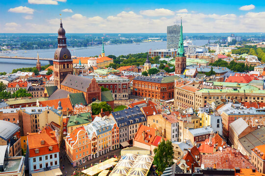 Panoramic view of the old city of Riga, Latvia from the tower Church of St. Peter. Summer sunny day