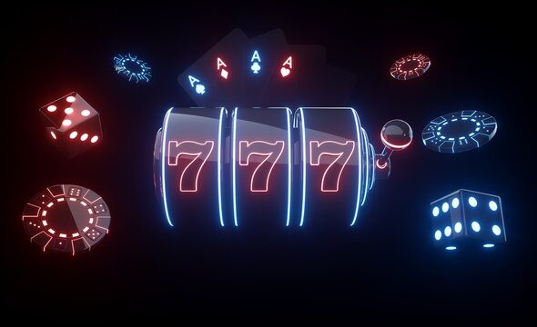 Casino Gambling Concept. Slot Machine, Four Aces, Chips And Dices With Futuristic Red And Blue Neon Lights - 3D Illustration