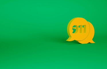 Orange Telephone with emergency call 911 icon isolated on green background. Police, ambulance, fire department, call, phone. Minimalism concept. 3d illustration 3D render