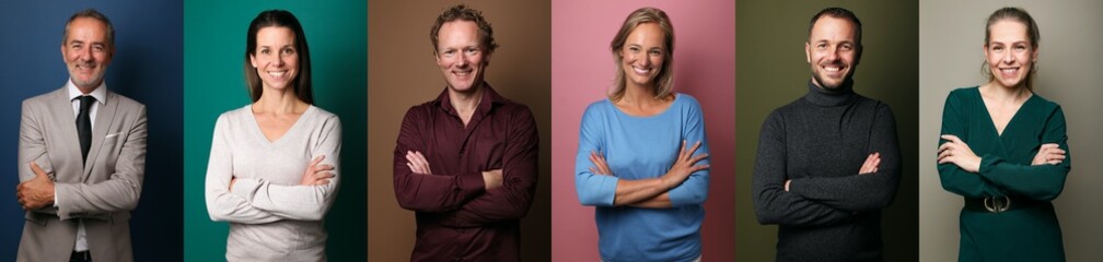 Group of six commercial people in front of a colored background