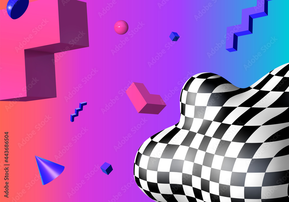 Poster Abstract background with flying colorful 3D geometric shapes over vibrant gradient backdrop. Lush and bold colored abstraction with checkered shape in 90s style.