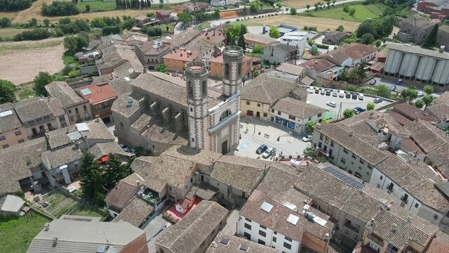Drone flying over small village, Olost, Catalonia, Spain