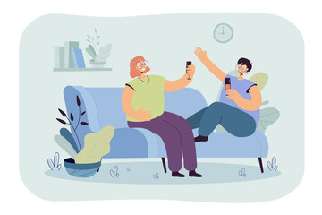Obraz premium Female friends drinking wine together at home. Women sitting on sofa with wineglasses flat vector illustration. Friendship, celebration, party concept for banner, website design or landing web page
